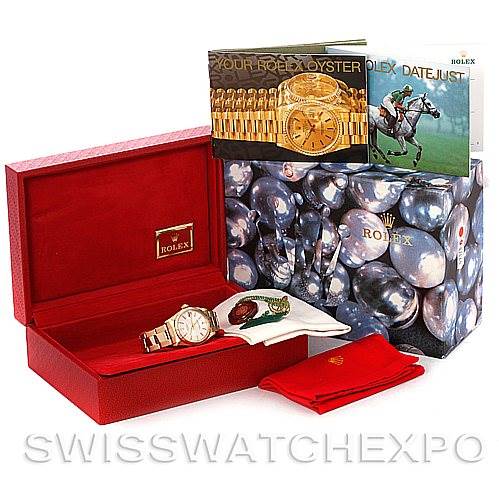 The image shows a Rolex President 6827 Women's Yellow Gold Silver Dial 6827 Women's Yellow Gold Silver Dial watch with a box, papers, and accessories, viewed from a three-quarters angle.