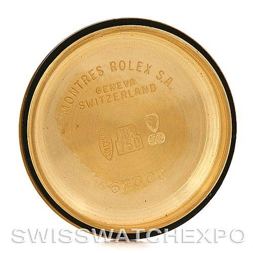 This image shows the interior of the back cover of a Rolex President 67188 Women
s Yellow Gold Blue Dial 67188 Women
s Yellow Gold Blue Dial watch, featuring engravings and model details.