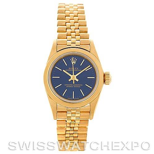 This image shows a front view of a gold Rolex President 67188 Women
s Yellow Gold Blue Dial 67188 Women
s Yellow Gold Blue Dial model watch, displaying its blue dial and bracelet.