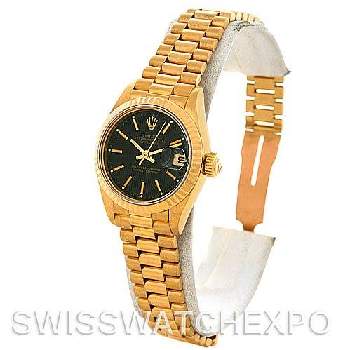 This image shows a Rolex President 69178 Women's Yellow Gold Black Dial 69178 Women's Yellow Gold Black Dial model watch at a slightly angled side view, highlighting its black dial, gold case, and bracelet.