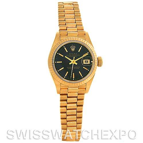 This is a front view of a Rolex President 69178 Women's Yellow Gold Black Dial 69178 Women's Yellow Gold Black Dial model watch showcasing its dial, bracelet, and date display.