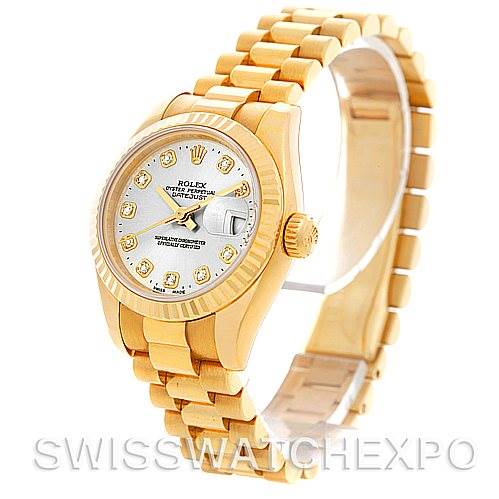 The image presents a Rolex President 179178 Women
s Yellow Gold Silver Dial 179178 Women
s Yellow Gold Silver Dial model watch in a side-angle view, showcasing the face, crown, and bracelet.
