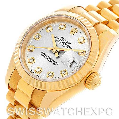This image shows a Rolex President 179178 Women
s Yellow Gold Silver Dial 179178 Women
s Yellow Gold Silver Dial model watch at a slight angle, highlighting its face, bezel, crown, and parts of the bracelet.