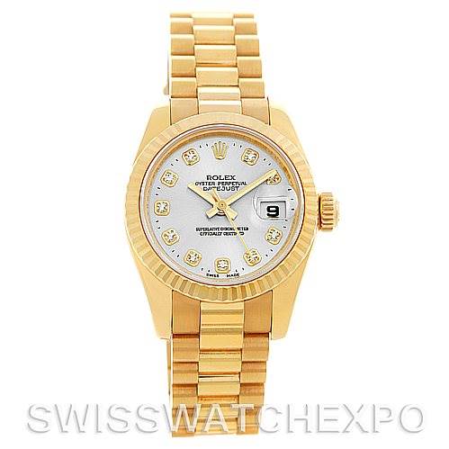 The image shows the Rolex President 179178 Women
s Yellow Gold Silver Dial 179178 Women
s Yellow Gold Silver Dial model watch from a top-down angle, displaying the face, bezel, and bracelet.