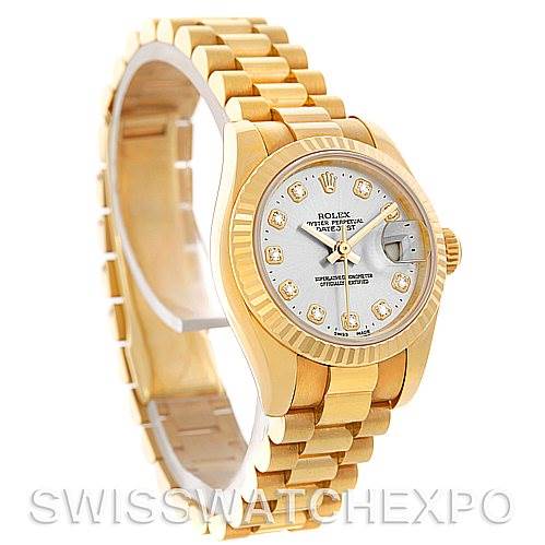 The Rolex President 179178 Women
s Yellow Gold Silver Dial 179178 Women
s Yellow Gold Silver Dial model watch is shown at a three-quarter angle, displaying its face, bezel, and bracelet.