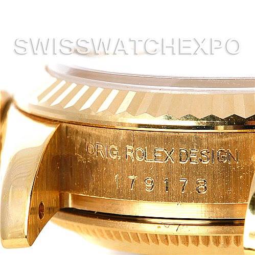 This image shows a close-up of the side of a Rolex President 179178 Women
s Yellow Gold Silver Dial 179178 Women
s Yellow Gold Silver Dial model watch, focusing on the engraved branding and model number.