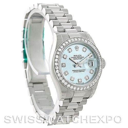 This watch is a Rolex Oyster Perpetual Datejust, shown at a three-quarter angle, highlighting the bracelet and diamond-accented dial.