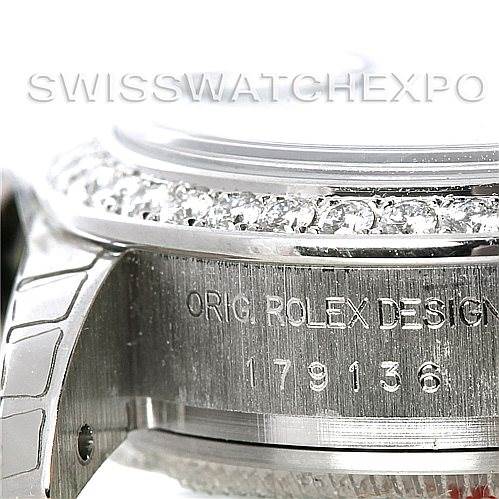This close-up image shows the side of a Rolex watch with "ORIG. ROLEX DESIGN" and the model number 179136 engraved, not a Cartier Tank Francaise 179136IBLDP Women's Stainless Steel Blue Dial 179136IBLDP Women's Stainless Steel Blue Dial.