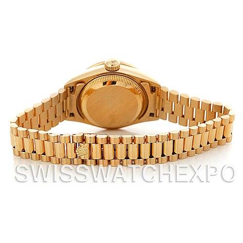 This image shows the back case and bracelet of a Rolex President 69278 Women's Yellow Gold Champagne Dial 69278 Women's Yellow Gold Champagne Dial model watch from a rear angle.