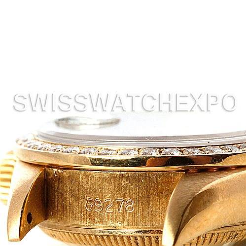 This image shows a close-up side view of the casing and crown of a Rolex President 69278 Women's Yellow Gold Champagne Dial 69278 Women's Yellow Gold Champagne Dial model, with the case number 69278 visible.