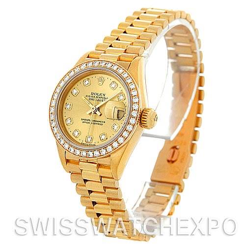 The image shows a Rolex President 69278 Women's Yellow Gold Champagne Dial 69278 Women's Yellow Gold Champagne Dial model watch from an angled front view, highlighting the face, bezel, crown, and part of the bracelet.