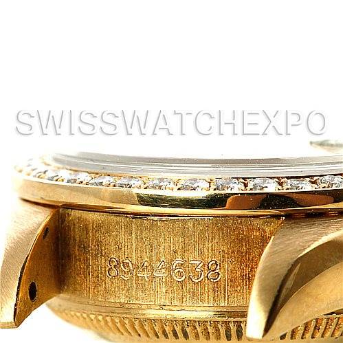 This image shows a close-up of the side and bezel of a Rolex President 69278 Women's Yellow Gold Champagne Dial 69278 Women's Yellow Gold Champagne Dial watch model, highlighting the serial number and diamond-set bezel.