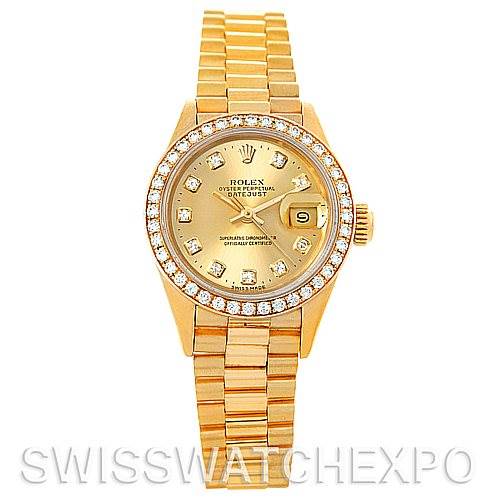The image shows a front view of the Rolex President 69278 Women's Yellow Gold Champagne Dial 69278 Women's Yellow Gold Champagne Dial model watch, highlighting its gold bracelet, bezel, and diamond-accented dial.
