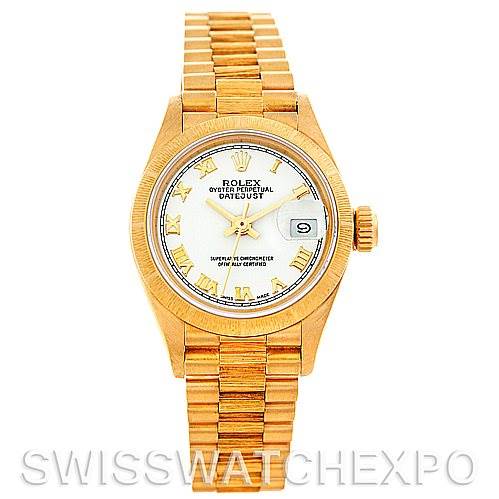 The image shows a Rolex President 69278 Women's Yellow Gold White Dial 69278 Women's Yellow Gold White Dial model watch, featuring a gold band, white dial, and Roman numeral hour markers, viewed from the front.