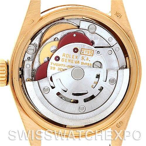 The image shows a close-up of the movement and internal mechanism of a Rolex President 69278 Women's Yellow Gold White Dial 69278 Women's Yellow Gold White Dial model watch.