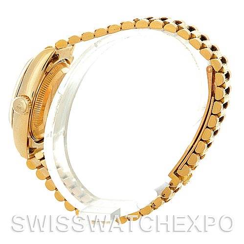 The image shows a side view of the Rolex President 69278 Women's Yellow Gold White Dial 69278 Women's Yellow Gold White Dial watch, focusing on its gold bracelet and case.