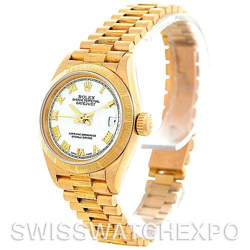 This image shows a Rolex President 69278 Women's Yellow Gold White Dial 69278 Women's Yellow Gold White Dial model watch, angled to display the face, bezel, crown, and part of the bracelet.