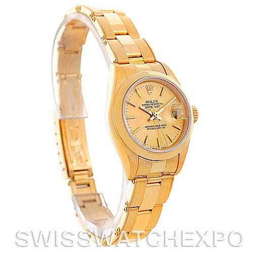 The image shows a Rolex President 69168 Women's Yellow Gold Champagne Dial 69168 Women's Yellow Gold Champagne Dial model watch at a three-quarter angle, highlighting the gold case, dial, bracelet, and clasp.