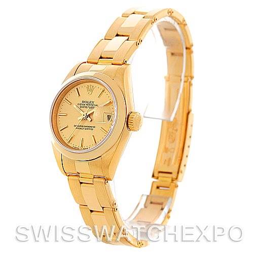 The image shows a Rolex President 69168 Women's Yellow Gold Champagne Dial 69168 Women's Yellow Gold Champagne Dial model watch from a three-quarter angle, highlighting the dial, bracelet, and clasp.