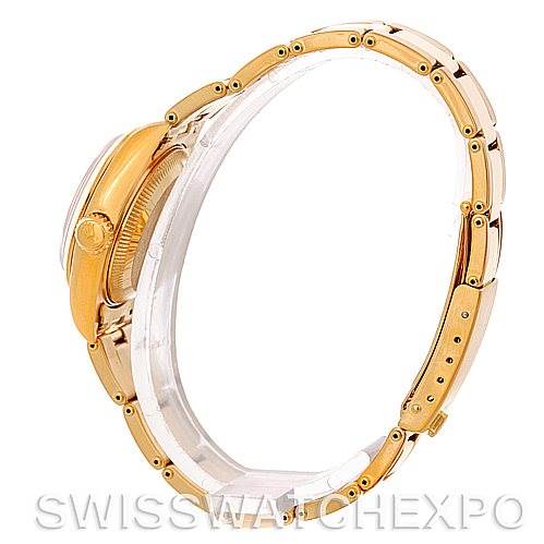 The image shows a side view of the Rolex President 69168 Women's Yellow Gold Champagne Dial 69168 Women's Yellow Gold Champagne Dial model watch, highlighting its gold case and band.