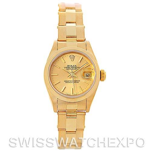 The image shows a front view of a Rolex President 69168 Women's Yellow Gold Champagne Dial 69168 Women's Yellow Gold Champagne Dial model watch, highlighting its gold case, bracelet, dial, and features including the date window.