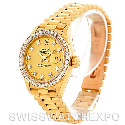 This image shows a Rolex President 69138 Women's Yellow Gold Champagne Dial 69138 Women's Yellow Gold Champagne Dial model watch from a front angle highlighting the dial, bezel, and bracelet.