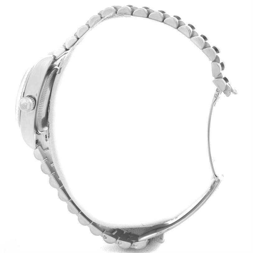 The side view of the Rolex President 179179 Women's White Gold Mother of Pearl Dial 179179 Women's White Gold Mother of Pearl Dial model shows the case, crown, and bracelet links.