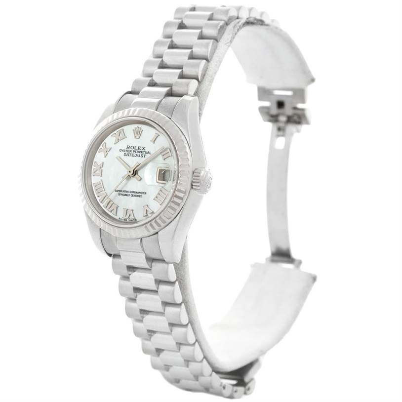 The image shows a Rolex President 179179 Women's White Gold Mother of Pearl Dial 179179 Women's White Gold Mother of Pearl Dial model watch at an angled side view, highlighting its bracelet and dial.