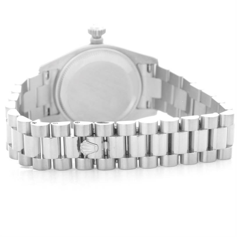 The image shows the back side of a Rolex President 179179 Women's White Gold Mother of Pearl Dial 179179 Women's White Gold Mother of Pearl Dial model watch, focusing on its bracelet and clasp.