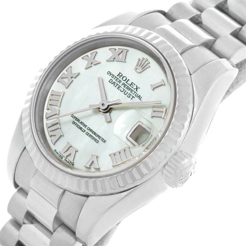 The image shows a close-up angle of the Rolex President 179179 Women's White Gold Mother of Pearl Dial 179179 Women's White Gold Mother of Pearl Dial model watch, focusing on the dial, bezel, crown, and part of the bracelet.