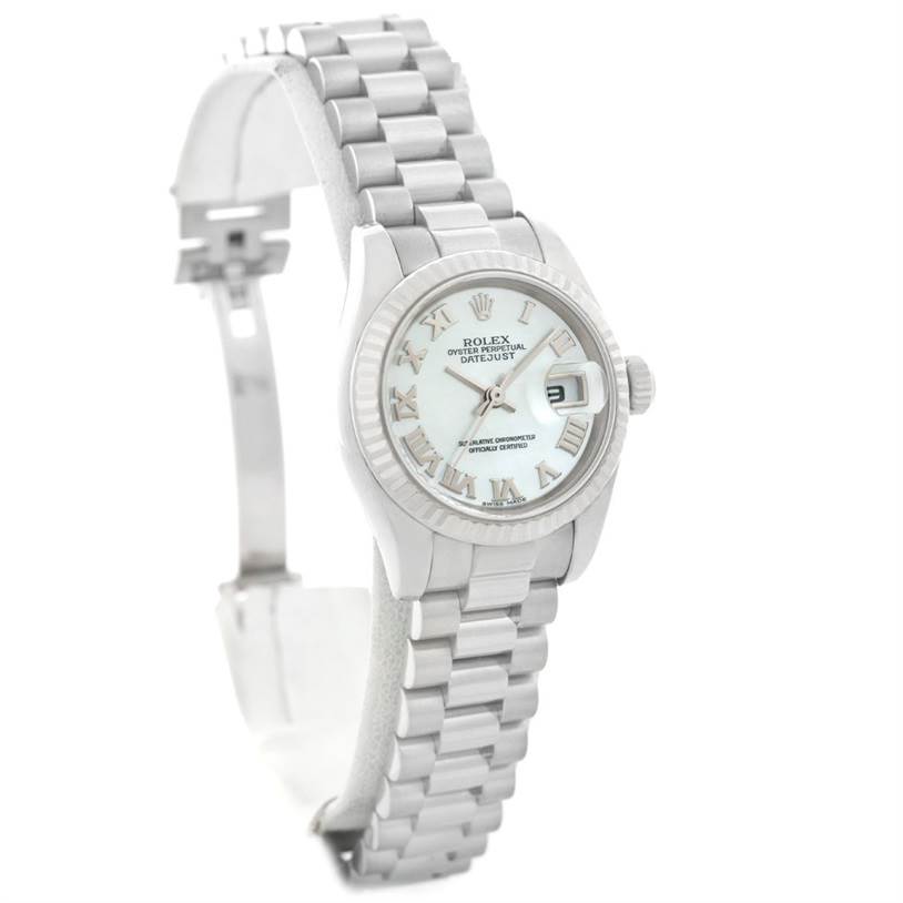 The Rolex President 179179 Women's White Gold Mother of Pearl Dial 179179 Women's White Gold Mother of Pearl Dial model watch is shown at a three-quarter angle, displaying the dial, bezel, bracelet, and crown.