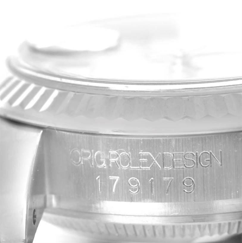 The image shows a close-up of the case side, bezel, and part of the lugs of a Rolex President 179179 Women's White Gold Mother of Pearl Dial 179179 Women's White Gold Mother of Pearl Dial model watch.