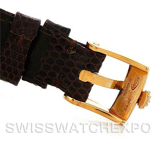 This is a close-up image of a Rolex President 6719 Women
s Yellow Gold Champagne Dial 6719 Women
s Yellow Gold Champagne Dial model leather strap and gold buckle.