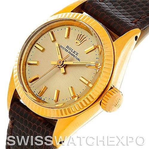 The angle showcases the face, bezel, crown, and part of the strap of the Rolex President 6719 Women
s Yellow Gold Champagne Dial 6719 Women
s Yellow Gold Champagne Dial model watch.