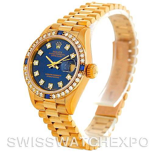 Rolex President Ladies 18k Yellow Gold Diamonds Sapphires Watch 69088 SwissWatchExpo