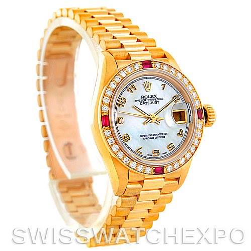 This image shows a side and partial front view of a Rolex President 69068 Women
s Yellow Gold Mother of Pearl Dial 69068 Women
s Yellow Gold Mother of Pearl Dial Datejust watch, showcasing its gold band and diamond-encrusted bezel.