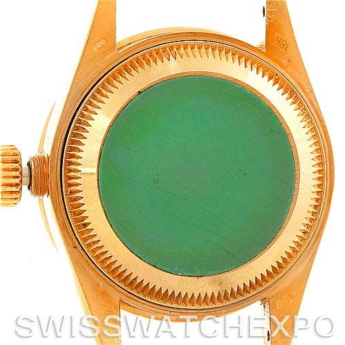 This image shows the back view of a Rolex President 69068 Women
s Yellow Gold Mother of Pearl Dial 69068 Women
s Yellow Gold Mother of Pearl Dial watch case without the bracelet, displaying the screw-down crown and seal.