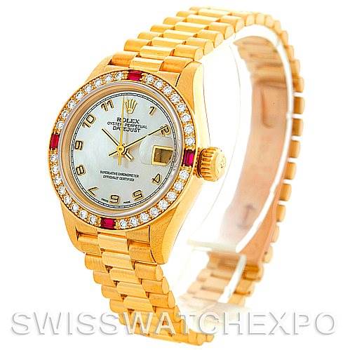The image shows a Rolex President 69068 Women
s Yellow Gold Mother of Pearl Dial 69068 Women
s Yellow Gold Mother of Pearl Dial model watch at an angled side view, showcasing the watch face, bezel, crown, and bracelet.