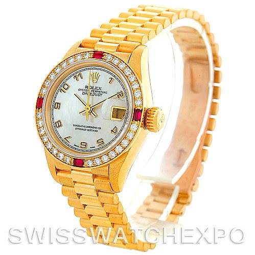 Rolex President Ladies 18k Yellow Gold Diamonds Rubies Watch 69068 SwissWatchExpo