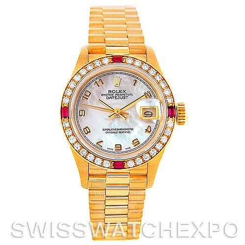 This image shows a frontal view of a Rolex President 69068 Women
s Yellow Gold Mother of Pearl Dial 69068 Women
s Yellow Gold Mother of Pearl Dial model watch, highlighting its gold case, diamond bezel, and gold bracelet.