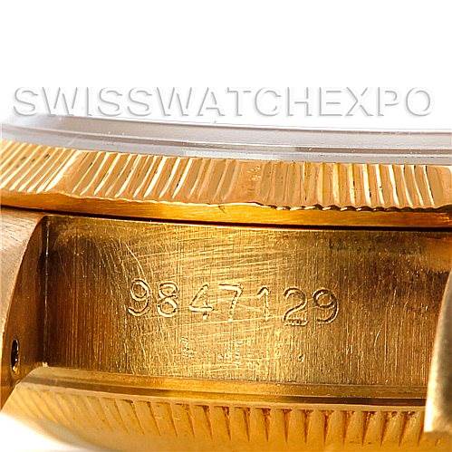 This image shows the side profile of a Rolex President 69278 Women's Yellow Gold Champagne Dial 69278 Women's Yellow Gold Champagne Dial model case, revealing the engraved serial number.