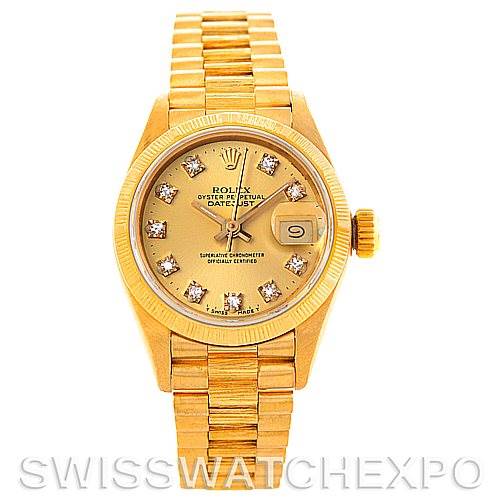 This image shows the full front view of a Rolex President 69278 Women's Yellow Gold Champagne Dial 69278 Women's Yellow Gold Champagne Dial model watch, highlighting the dial, bezel, case, and bracelet.