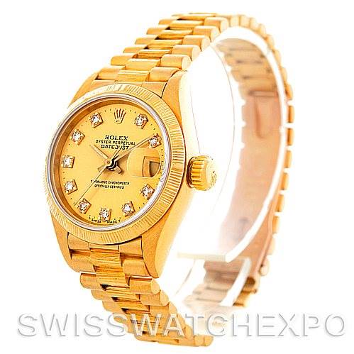 The image shows a Rolex President 69278 Women's Yellow Gold Champagne Dial 69278 Women's Yellow Gold Champagne Dial model watch at an angled front view, revealing the dial, bezel, crown, and bracelet.