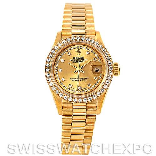 The image shows a front view of a Rolex President 69138 Women's Yellow Gold Champagne Dial 69138 Women's Yellow Gold Champagne Dial model watch, highlighting its face, bezel, and bracelet.
