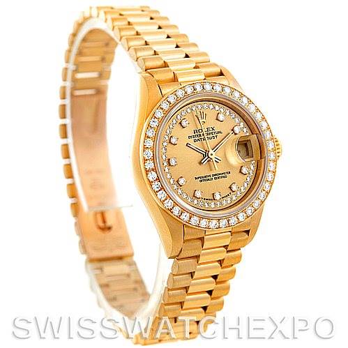 The image shows a side and front angle of a Rolex President 69138 Women's Yellow Gold Champagne Dial 69138 Women's Yellow Gold Champagne Dial model watch, highlighting the dial, bezel, bracelet, and crown.
