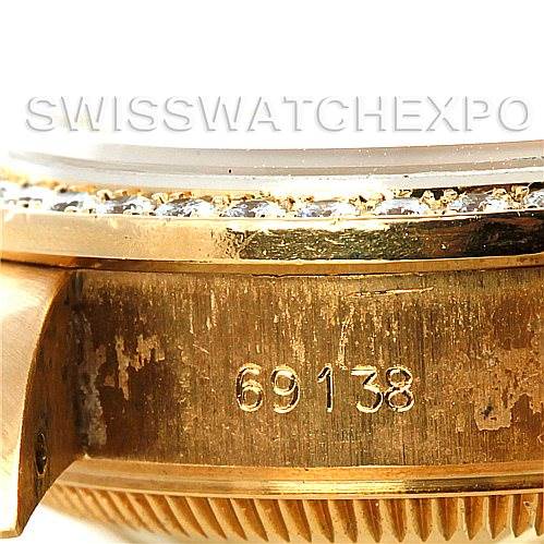 The image shows a close-up of the side of the Rolex President 69138 Women's Yellow Gold Champagne Dial 69138 Women's Yellow Gold Champagne Dial watch, highlighting the model number 69138 and part of the bezel.