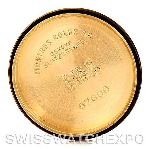 This image shows the interior of the case back from a Rolex President 67197 Women's Yellow Gold Champagne Dial 67197 Women's Yellow Gold Champagne Dial model watch with engraved text.