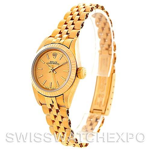 The image shows a Rolex President 67197 Women's Yellow Gold Champagne Dial 67197 Women's Yellow Gold Champagne Dial model watch at a slight angle, displaying its gold bracelet, case, dial, and crown.