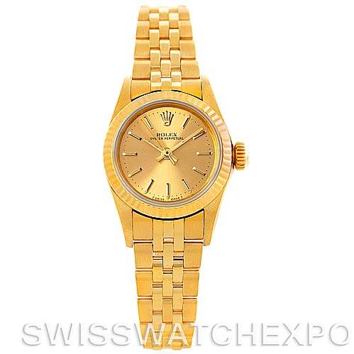 This image shows a frontal view of a Rolex President 67197 Women's Yellow Gold Champagne Dial 67197 Women's Yellow Gold Champagne Dial model watch, highlighting its gold case and bracelet.