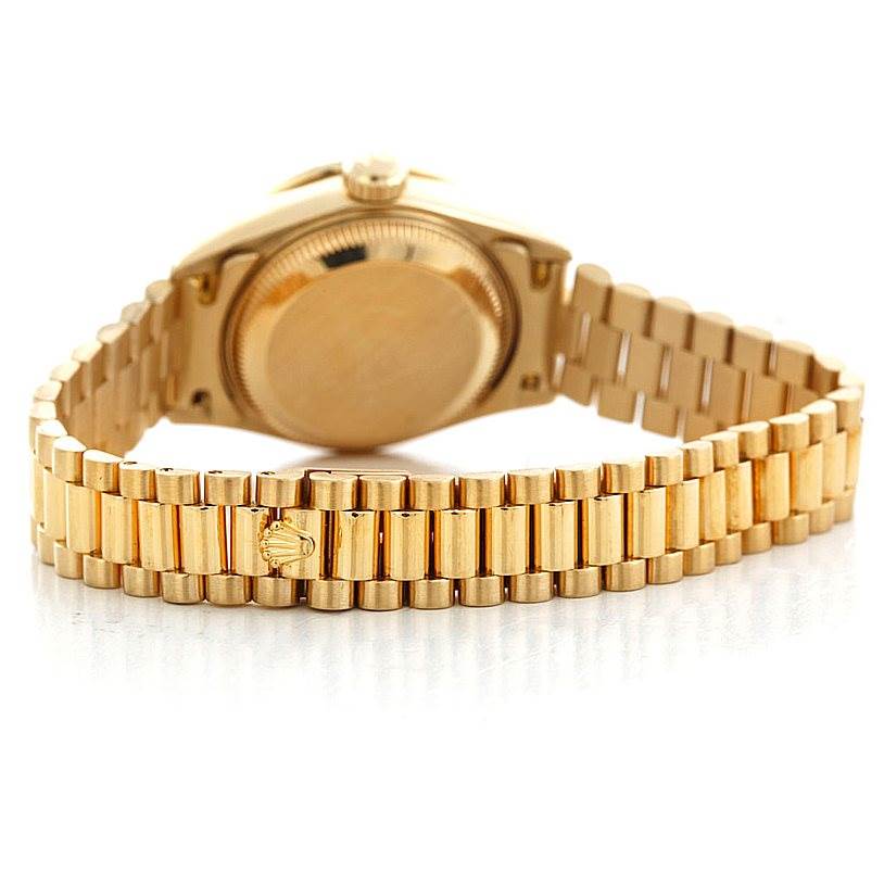 This image shows the back and bracelet of a Rolex President 69138 Women's Yellow Gold Blue Dial 69138 Women's Yellow Gold Blue Dial model, viewed from a rear angle.